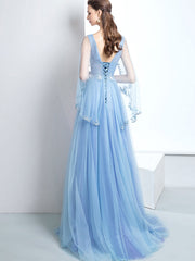 Bridesmaid Dress Convertible, A-Line V Neck  Tulle Lace Blue Long Prom Dresses, Blue Formal Evening Dress