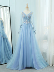 Bridesmaid Dresses Convertable, A-Line V Neck  Tulle Lace Blue Long Prom Dresses, Blue Formal Evening Dress