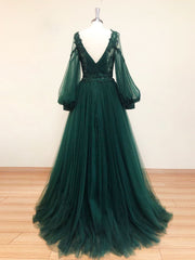 Bridesmaids Dresses With Lace, A-Line V Neck Tulle Lace Green Long Prom Dress, Green Formal Evening Dresses