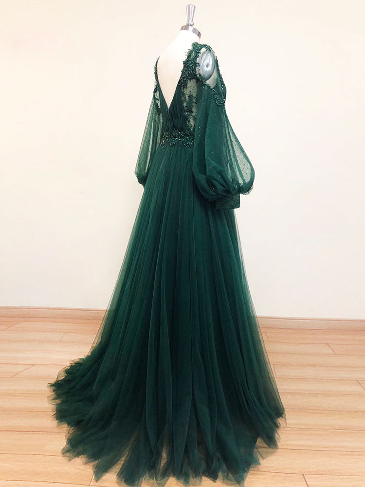 Bridesmaid Dresses Mismatched Summer, A-Line V Neck Tulle Lace Green Long Prom Dress, Green Formal Evening Dresses