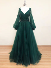 Bridesmaid Dress With Lace, A-Line V Neck Tulle Lace Green Long Prom Dress, Green Formal Evening Dresses