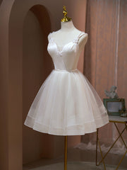 Party Dress Names, A Line v neck tulle Short Beige Prom Dresses, Cute Puffy Beige Homecoming Dresses With Beading