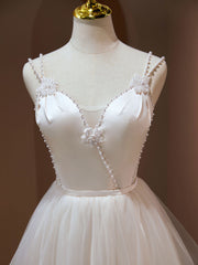 Party Dress For Christmas, A Line v neck tulle Short Beige Prom Dresses, Cute Puffy Beige Homecoming Dresses With Beading