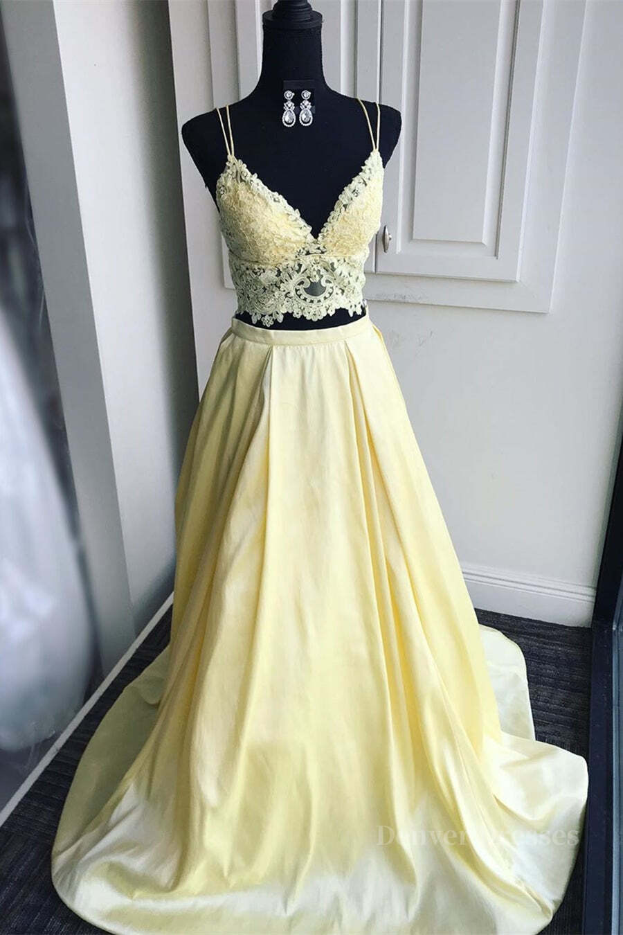 Prom Dresses 2061 Cheap, A Line V Neck Two Pieces Lace Top Yellow Prom Dress, Two Pieces Yellow Formal Dress, Yellow Lace Evening Dress