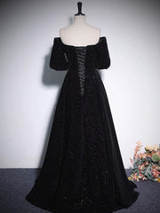 Prom Dress Long Ball Gown, A-Line V Neck Velvet Black Long Prom Dress, Black Formal Evening Dress