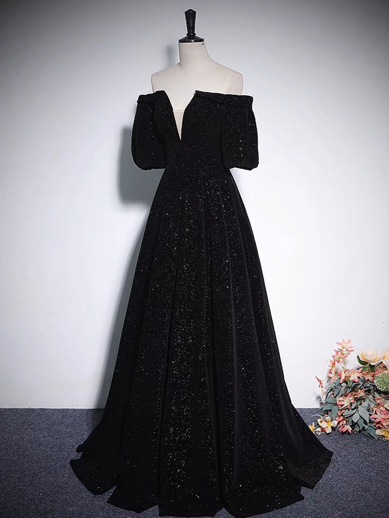 Prom Dresses Long Ball Gown, A-Line V Neck Velvet Black Long Prom Dress, Black Formal Evening Dress