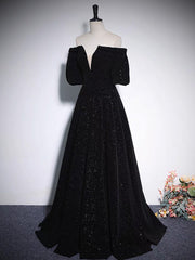 Prom Dresses Long Ball Gown, A-Line V Neck Velvet Black Long Prom Dress, Black Formal Evening Dress