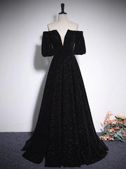 Prom Dress Patterns, A-Line V Neck Velvet Black Long Prom Dress, Black Formal Evening Dress