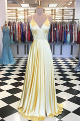 Evening Dresses For Weddings Guest, A Line V Neck Yellow Long Prom Dresses, Yellow Long Backless Formal Evening Dresses