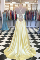Evening Dress For Wedding Guest, A Line V Neck Yellow Long Prom Dresses, Yellow Long Backless Formal Evening Dresses