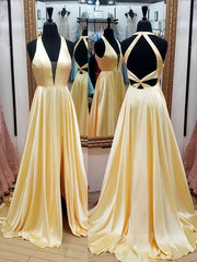Princess Dress, A Line V Neck Yellow Satin Long Prom Dresses, V Neck Backless Yellow Formal Evening Dresses