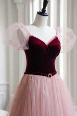 Bridesmaid Dresses Long Sleeves, A-Line Velvet Tulle Long Prom Dress, Pink Short Sleeve Formal Evening Dress