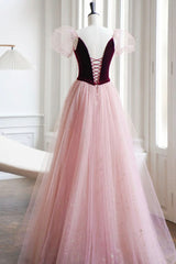 Bridesmaid Dresses Long Sleeve, A-Line Velvet Tulle Long Prom Dress, Pink Short Sleeve Formal Evening Dress