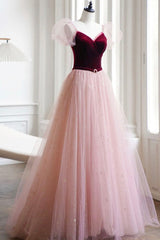 Bridesmaid Dress With Sleeves, A-Line Velvet Tulle Long Prom Dress, Pink Short Sleeve Formal Evening Dress