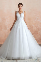 Wedsing Dress Simple, A-line with Sequined Appliques Tulle Illusion Back Wedding Dresses