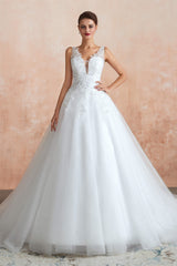 Weddings Dresses Simple, A-line with Sequined Appliques Tulle Illusion Back Wedding Dresses