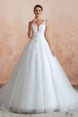 Weddings Dresses Online, A-line with Sequined Appliques Tulle Illusion Back Wedding Dresses