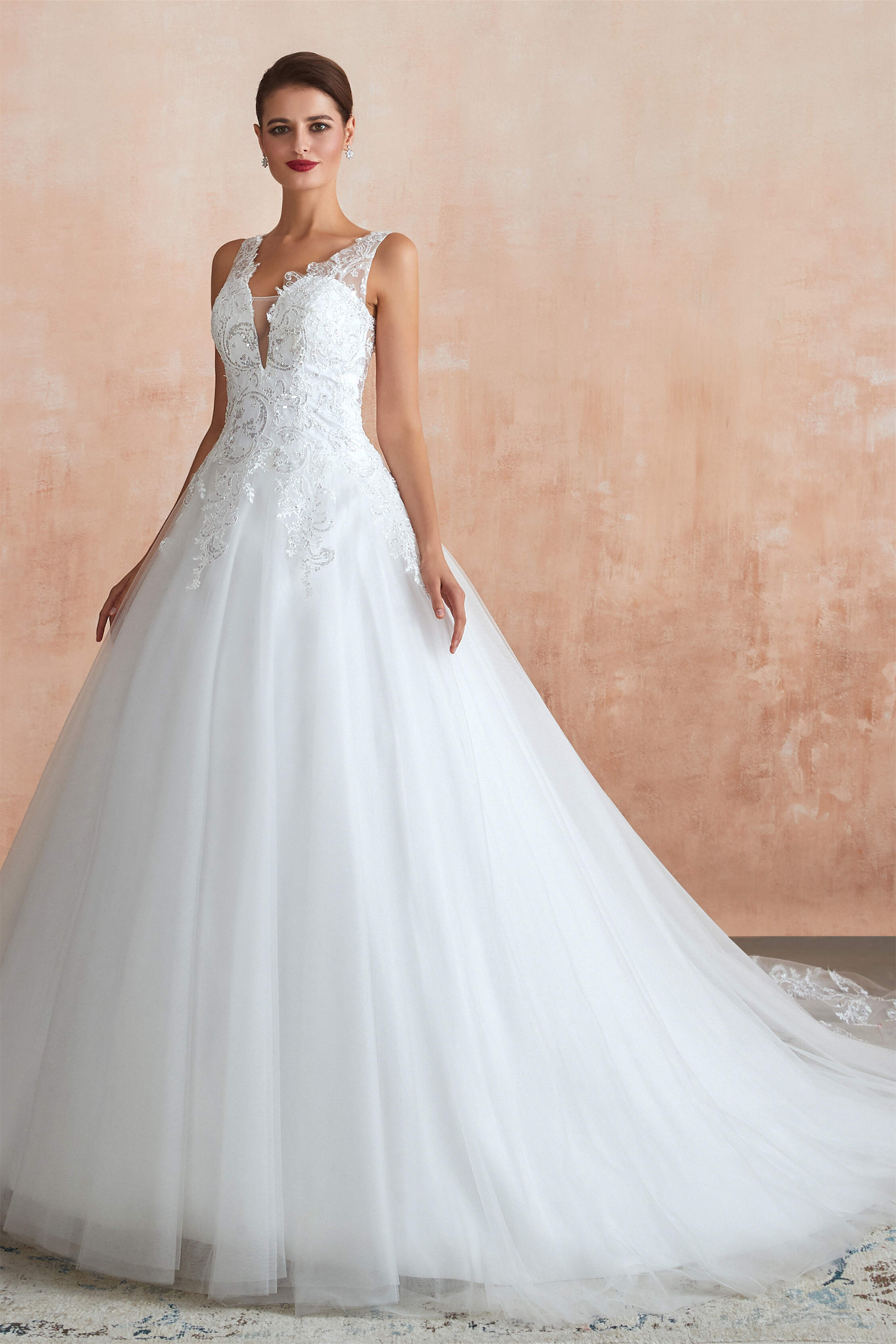 Weddings Dress Online, A-line with Sequined Appliques Tulle Illusion Back Wedding Dresses