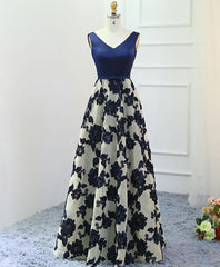 Homecoming Dress Sparkle, Stylish Dark Blue A Line V Neck Long Prom Dress, Dark Blue Evening Dress