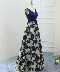 Homecoming Dresses Black, Stylish Dark Blue A Line V Neck Long Prom Dress, Dark Blue Evening Dress