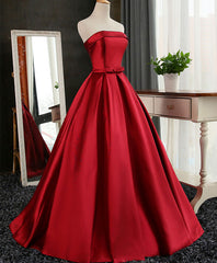 Prom Dresses Off Shoulder, Aline Burgundy Satin Long Prom Gown,  Evening Dress