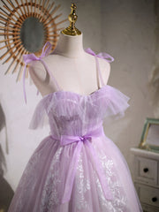 Gown Dress, Aline Lace Short Purple Prom Dress,  Puffy Purple Homecoming Dress