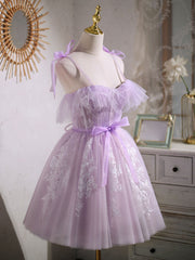 Sun Dress, Aline Lace Short Purple Prom Dress,  Puffy Purple Homecoming Dress