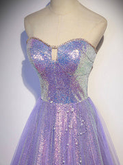 Fantasy Dress, Aline Purple Sweetheart Neck Tulle Long Prom Dress, Purple Evening Dress