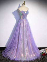 Party Dress Brown, Aline Purple Sweetheart Neck Tulle Long Prom Dress, Purple Evening Dress