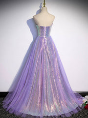 Party Dress Beige, Aline Purple Sweetheart Neck Tulle Long Prom Dress, Purple Evening Dress