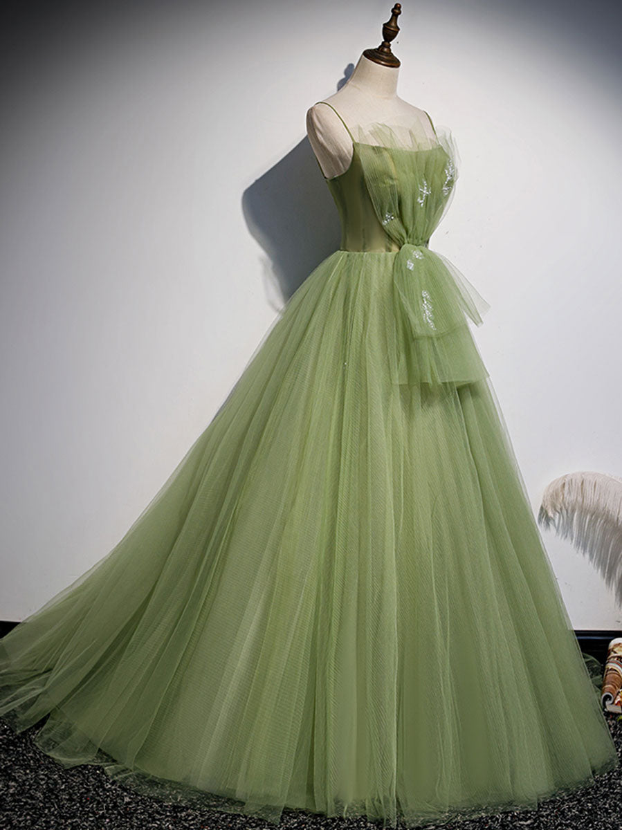 Prom Dress With Tulle, Aline Tulle Green Long Prom Dresses, Green Formal Graduation Dress with Beading