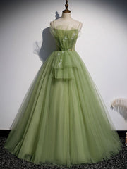 Prom Dresses Long Formal Evening Gown, Aline Tulle Green Long Prom Dresses, Green Formal Graduation Dress with Beading