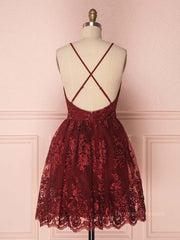 Prom Dresses Chicago, Aline v neck tulle lace short burgundy prom dresses, backless burgundy homecoming dress