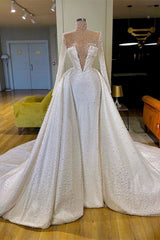 Wedding Dress Dresses, Amazing High Neck Long Sleeves Pearls Wedding Dress With Detachable Skirt