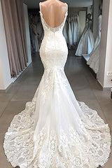 Wedding Dress Hire Near Me, Amazing Long Mermaid Appliques Tulle Backless Wedding Dress