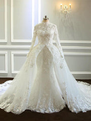 Wedding Dress Backless, Amazing Long Mermaid High Neck Tulle Lace Wedding Dresses with Sleeves