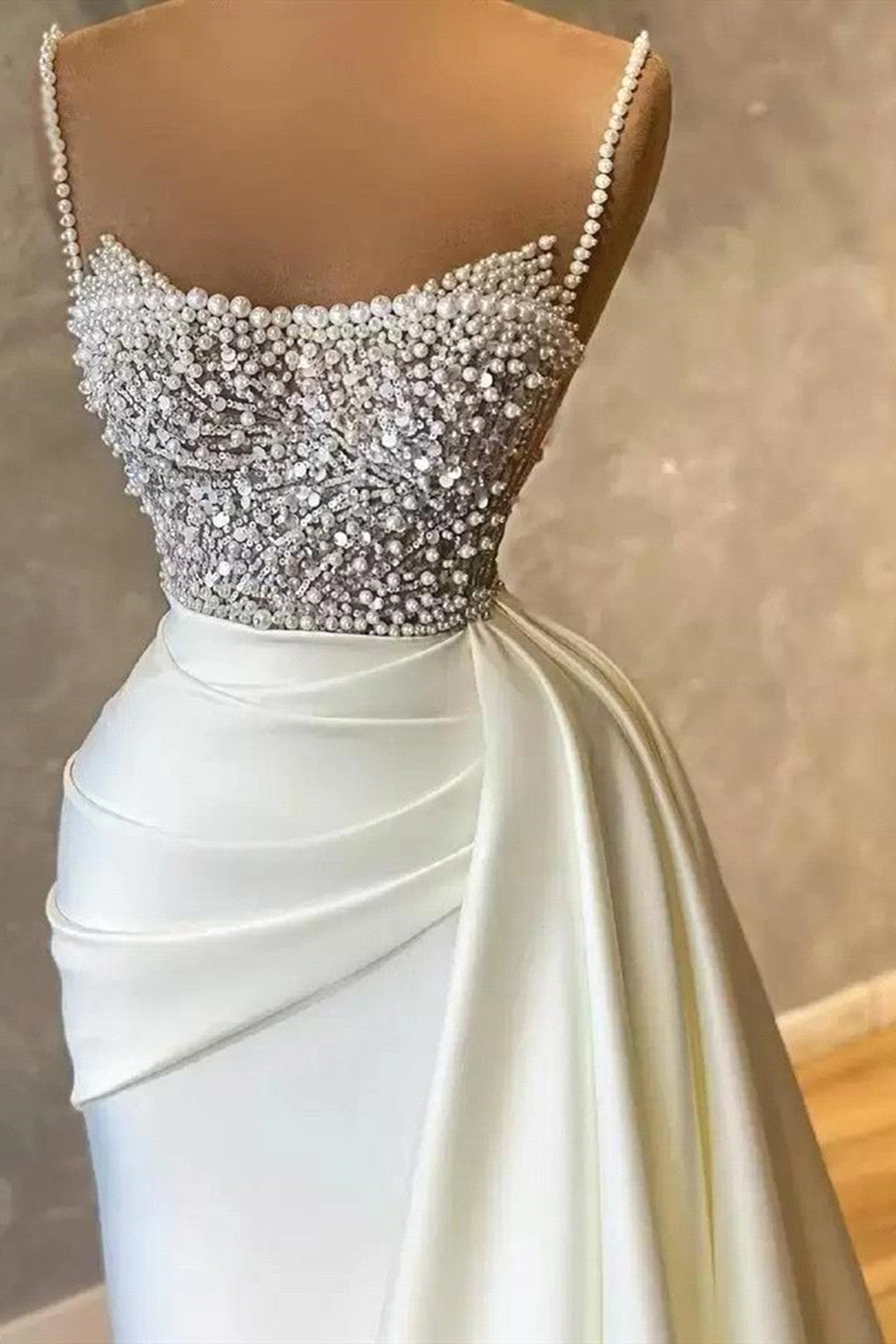 Bridesmaids Dresses Ideas, Amazing Long Mermaid Strapless Sequins Pearls Satin Formal Prom Dresses