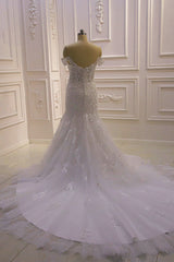 Bridesmaid Dresses Gowns, Amazing White 3D Lace applique Off the Shoulder Mermaid Bridal Gowns
