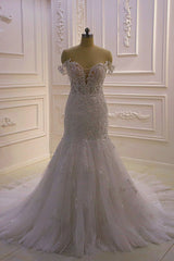 Bridesmaids Dress Long, Amazing White 3D Lace applique Off the Shoulder Mermaid Bridal Gowns