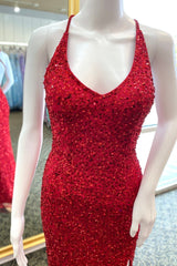 Bridesmaid Dress Spring, Red Sequins Mermaid Crossed Back Long Prom Dress with Slit