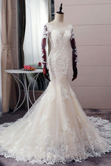 Wedding Dress Custom, Autumn Long Sleevess Mermaid Lace appliques Ivory Wedding Dress