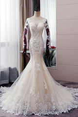 Wedding Dresses Custom, Autumn Long Sleevess Mermaid Lace appliques Ivory Wedding Dress