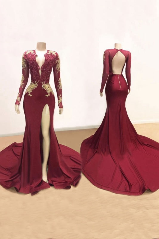 Bridesmaid Dresses Different Style, Awesome V-neck Long Sleeve High Slit Mermaid Prom Dress