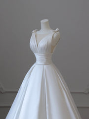 Wedding Dress Order Online, White V-Neck Satin Long Formal Dress, Elegant A-Line Wedding Party Dress