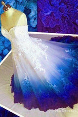 Bridesmaid Dress Elegant, ball gown ombre prom dresses sweetheart strapless evening dresses blue applique formal dresses long prom dresses