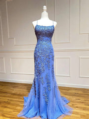 Homecoming Dresses For Middle School, Backless Blue Lace Prom Dresses, Open Back Blue Lace Formal Graduation Dresses