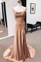 Homecoming Dress Style, Backless Champagne Long Prom Dress with High Slit, Long Champagne Formal Graduation Evening Dress