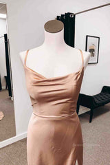 Homecoming Dresses Styles, Backless Champagne Long Prom Dress with High Slit, Long Champagne Formal Graduation Evening Dress