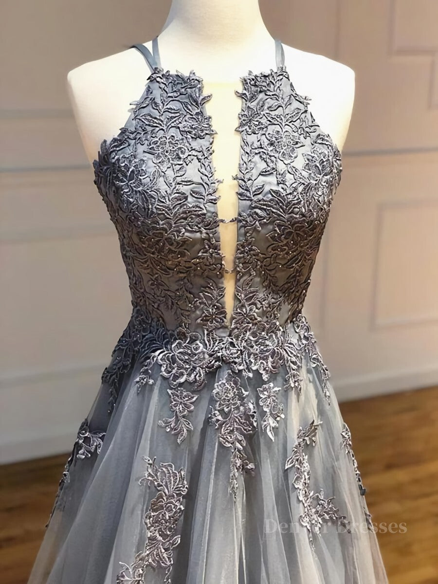 Party Dress Outfits Ideas, Backless Gray Lace Prom Dresses, Backless Gray Lace Formal Evening Graduation Dresses