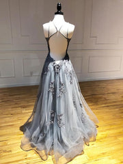 Party Dress Party, Backless Gray Lace Prom Dresses, Backless Gray Lace Formal Evening Graduation Dresses